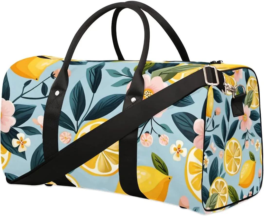 Fruit Lemon Flower Pattern Travel Duffel bag for Men Women Weekender Overnight Bag Gym Bag Carry On Luggage Bags for Yoga Workout Sports