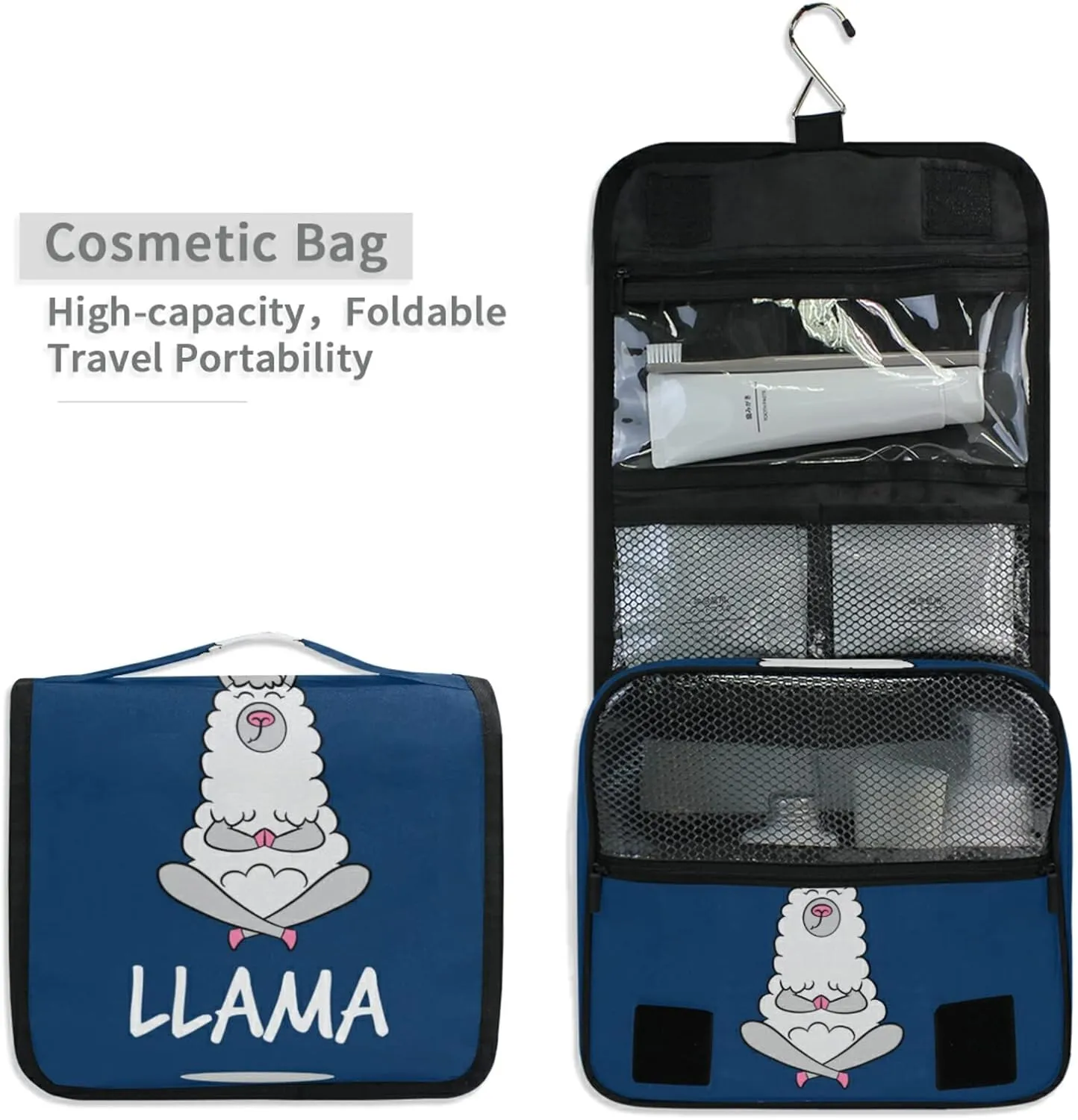 Funny Quotes No Drama White Grey Llama Alpaca Sitting on Navy Blue Hanging Wash Gargle Toiletry Bag Travel Cosmetic Makeup Case Organizer Storage Large Portable