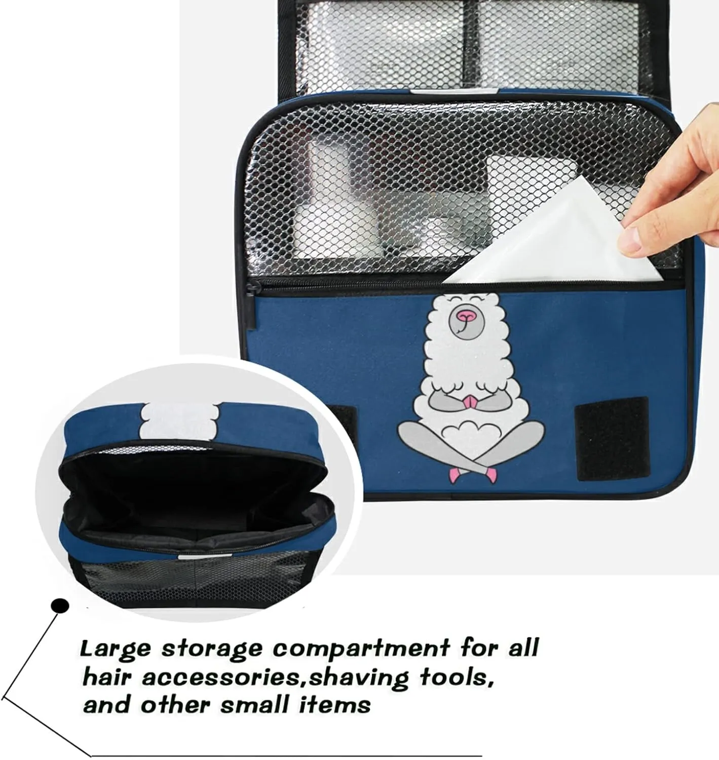 Funny Quotes No Drama White Grey Llama Alpaca Sitting on Navy Blue Hanging Wash Gargle Toiletry Bag Travel Cosmetic Makeup Case Organizer Storage Large Portable