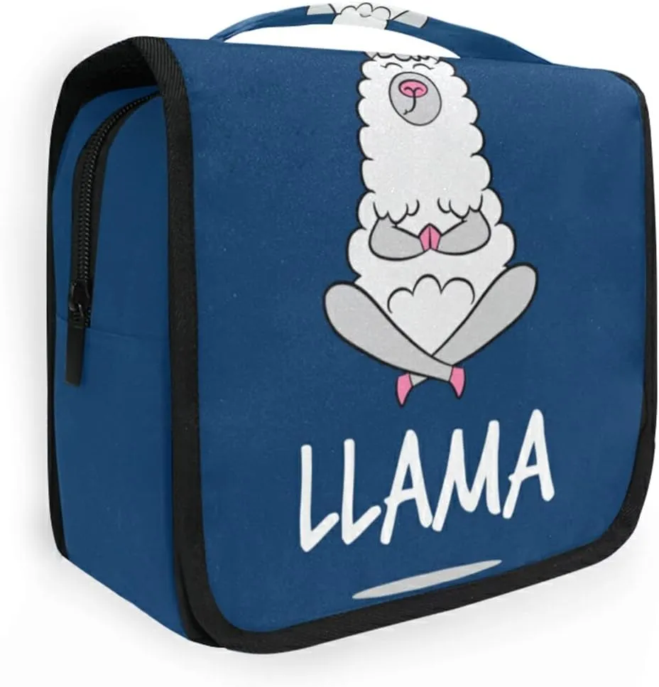 Funny Quotes No Drama White Grey Llama Alpaca Sitting on Navy Blue Hanging Wash Gargle Toiletry Bag Travel Cosmetic Makeup Case Organizer Storage Large Portable