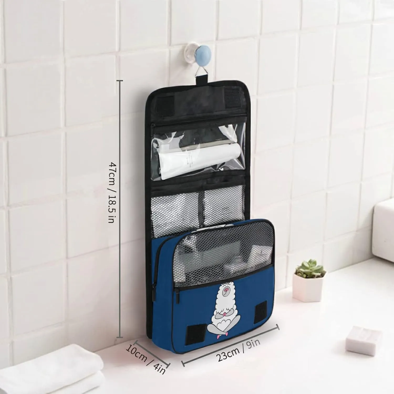 Funny Quotes No Drama White Grey Llama Alpaca Sitting on Navy Blue Hanging Wash Gargle Toiletry Bag Travel Cosmetic Makeup Case Organizer Storage Large Portable