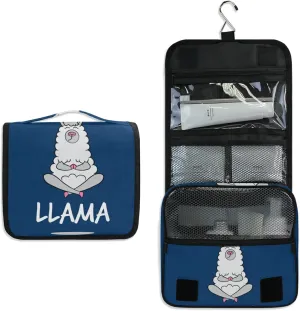 Funny Quotes No Drama White Grey Llama Alpaca Sitting on Navy Blue Hanging Wash Gargle Toiletry Bag Travel Cosmetic Makeup Case Organizer Storage Large Portable