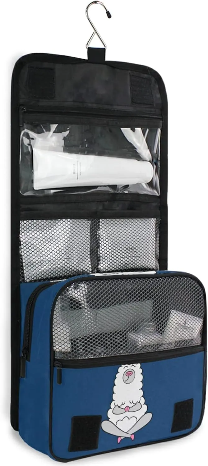 Funny Quotes No Drama White Grey Llama Alpaca Sitting on Navy Blue Hanging Wash Gargle Toiletry Bag Travel Cosmetic Makeup Case Organizer Storage Large Portable