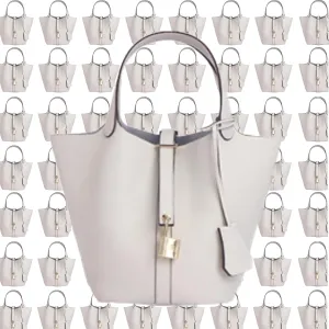 Genuine Leather Purses and Soft Bucket Bags, Stylish Lock Design Solid Color Tote Bag, Lychee Pattern Basket Bags