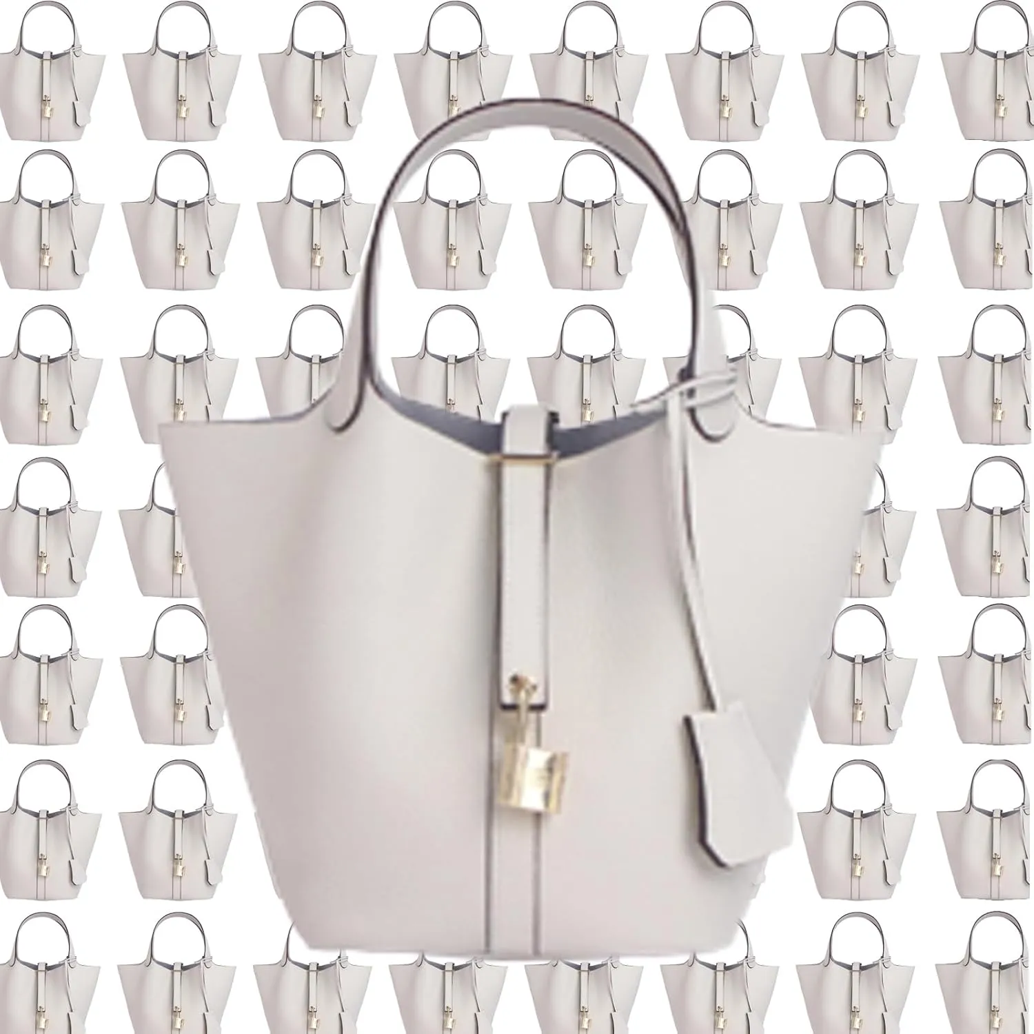 Genuine Leather Purses and Soft Bucket Bags, Stylish Lock Design Solid Color Tote Bag, Lychee Pattern Basket Bags