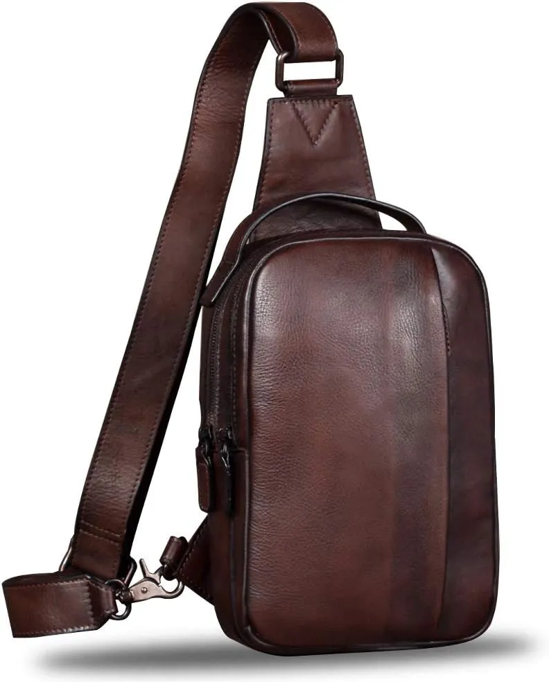 Genuine Leather Sling Bag for Men and Women Vintage Real Leather Sling Backpack Shoulder Crossbody Bag Chest Purse