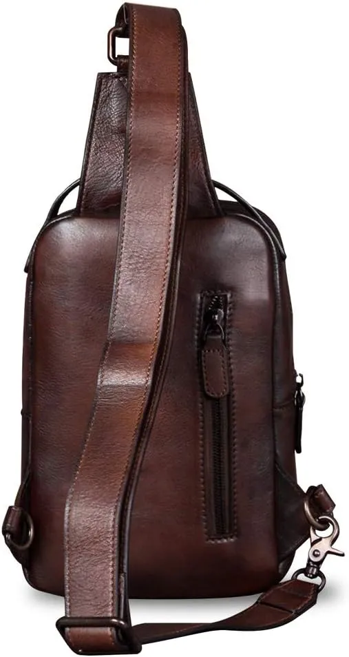 Genuine Leather Sling Bag for Men and Women Vintage Real Leather Sling Backpack Shoulder Crossbody Bag Chest Purse