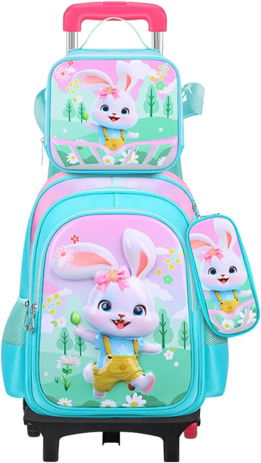GLOOMALL Cute Rolling Backpack Three-piece Set with Lunch Bag School Girls Boys, Lightweight Trolley Travel Bag with 6 Wheels Classic Roller Luggage (Green rabbit)