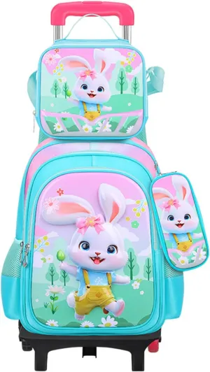 GLOOMALL Cute Rolling Backpack Three-piece Set with Lunch Bag School Girls Boys, Lightweight Trolley Travel Bag with 6 Wheels Classic Roller Luggage (Green rabbit)