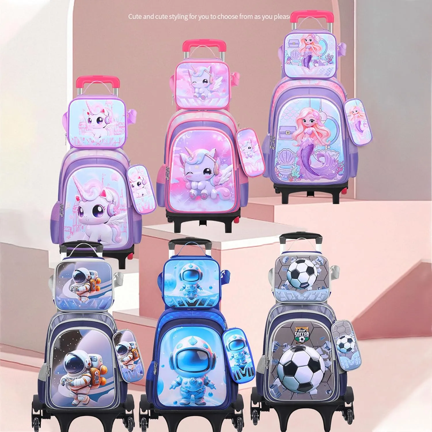 GLOOMALL Cute Rolling Backpack Three-piece Set with Lunch Bag School Girls Boys, Lightweight Trolley Travel Bag with 6 Wheels Classic Roller Luggage (Light green dinosaur)