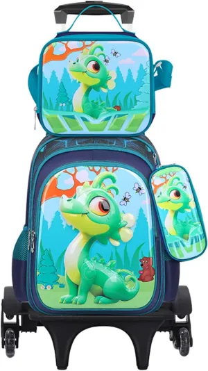 GLOOMALL Cute Rolling Backpack Three-piece Set with Lunch Bag School Girls Boys, Lightweight Trolley Travel Bag with 6 Wheels Classic Roller Luggage (Light green dinosaur)
