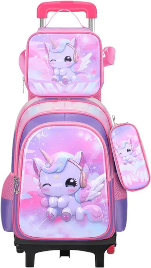GLOOMALL Cute Rolling Backpack Three-piece Set with Lunch Bag School Girls Boys, Lightweight Trolley Travel Bag with 6 Wheels Classic Roller Luggage (Pink bow)