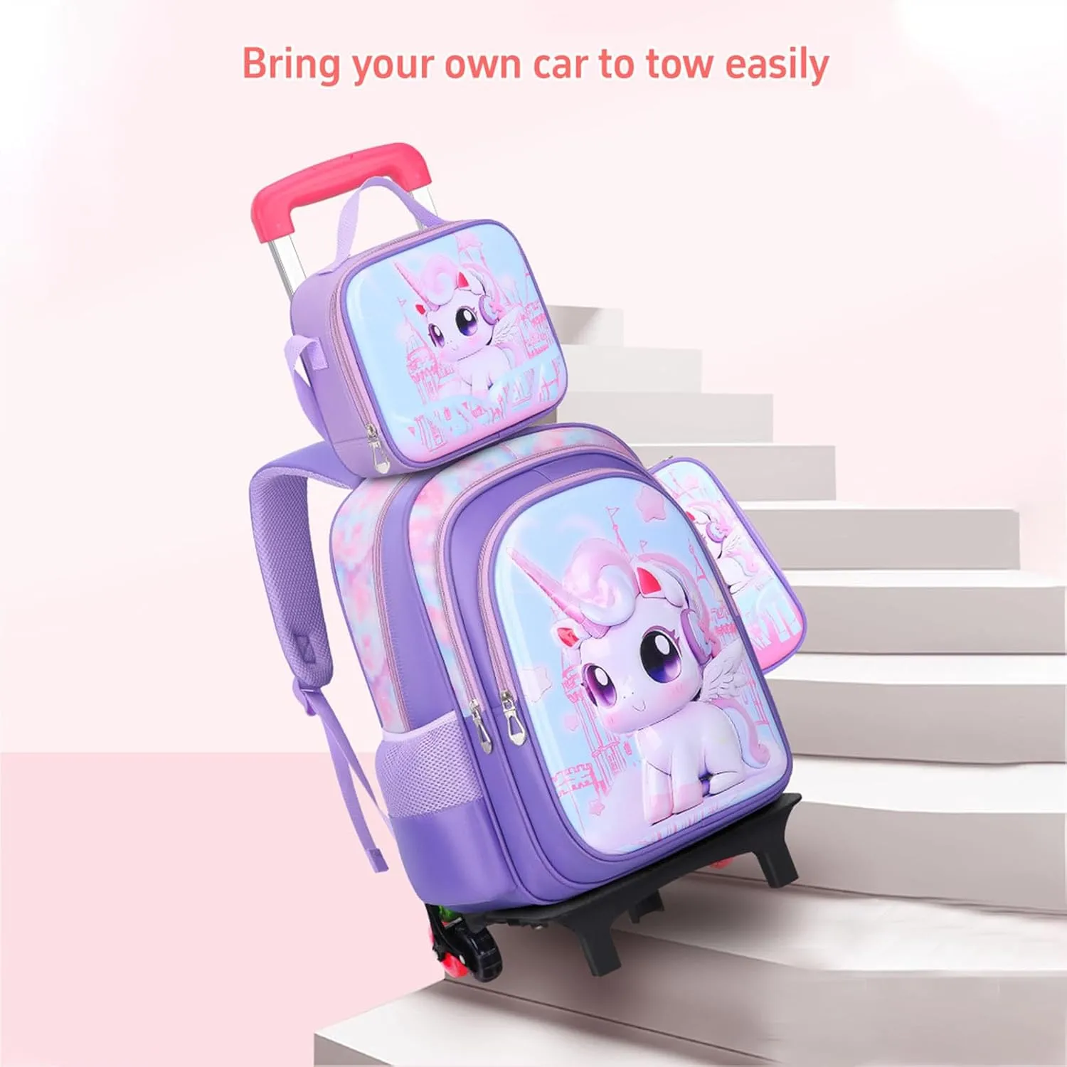 GLOOMALL Cute Rolling Backpack Three-piece Set with Lunch Bag School Girls Boys, Lightweight Trolley Travel Bag with 6 Wheels Classic Roller Luggage (Pink bow)