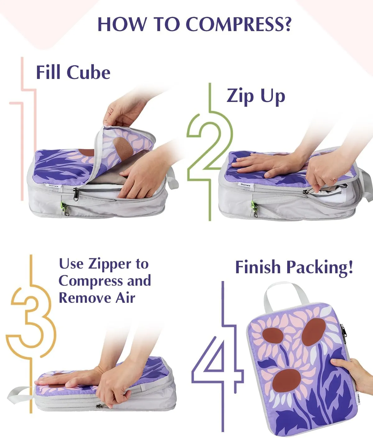 Gonex Compression Packing Cubes, 4pcs Expandable Storage Travel Luggage Bags Organizers, Travel Cubes for Suitcase Carry On (Flowers)