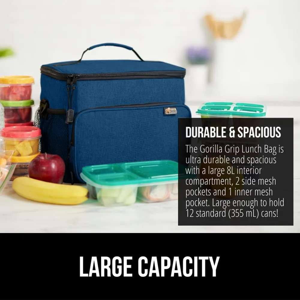 GORILLA GRIP Reusable Insulated Lunch Box Bag, Large Capacity, Leakproof Soft Cooler Bags, Mesh Pockets and Adjustable Strap, Food Tote for Work Camping School, Keep Drinks Cold, 8L, 10x9, Navy Blue
