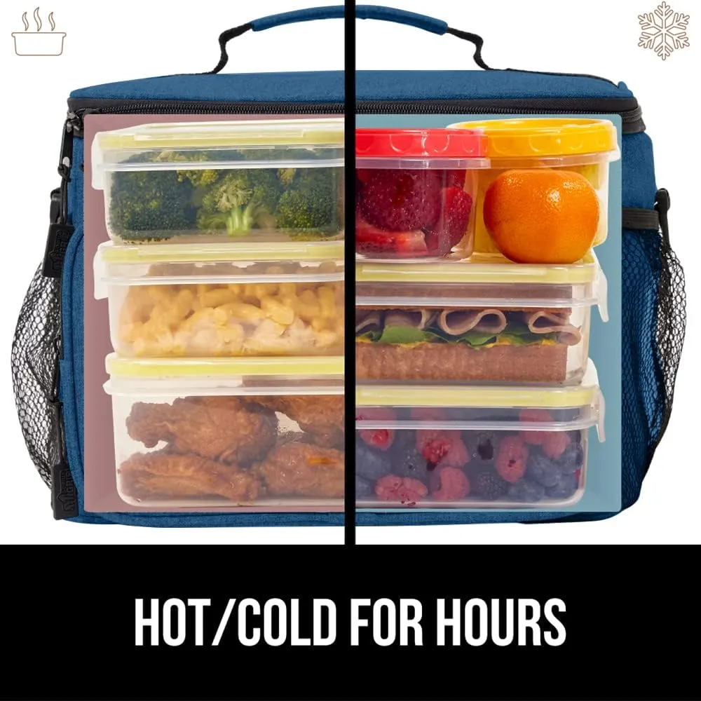 GORILLA GRIP Reusable Insulated Lunch Box Bag, Large Capacity, Leakproof Soft Cooler Bags, Mesh Pockets and Adjustable Strap, Food Tote for Work Camping School, Keep Drinks Cold, 8L, 10x9, Navy Blue