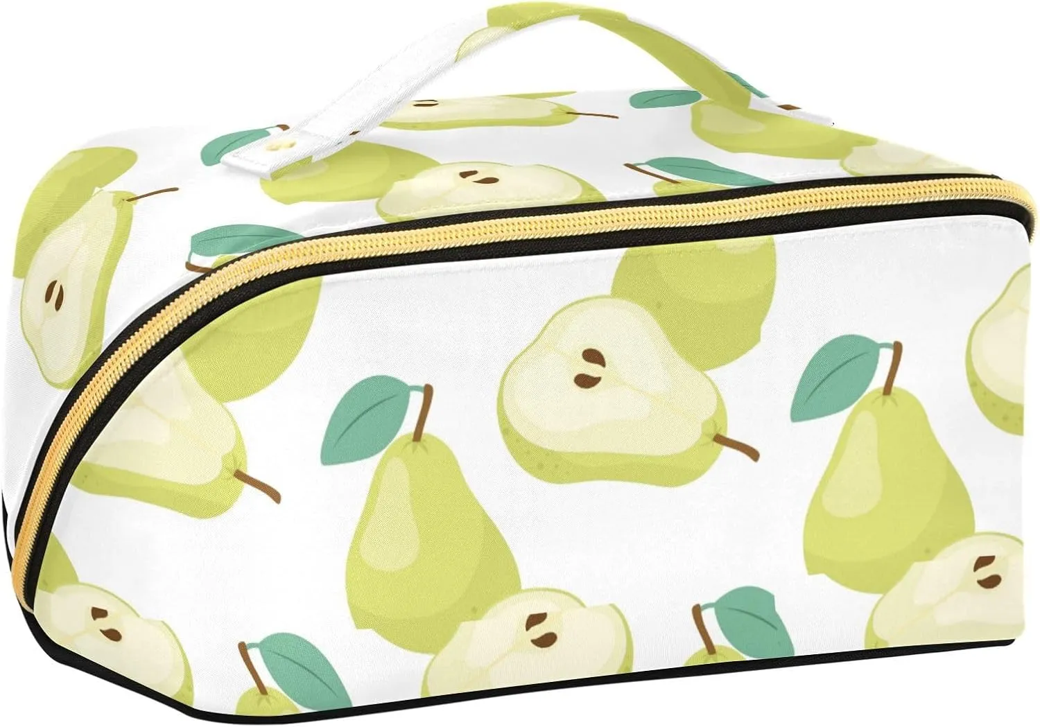 Green Pear Pattern Large Capacity Travel Cosmetic Bag Makeup Bag Open Flat Makeup Organizer with Handle and Divider Travel Toiletry Bags for Women Girls