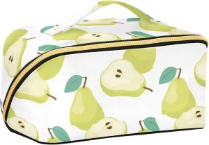 Green Pear Pattern Large Capacity Travel Cosmetic Bag Makeup Bag Open Flat Makeup Organizer with Handle and Divider Travel Toiletry Bags for Women Girls