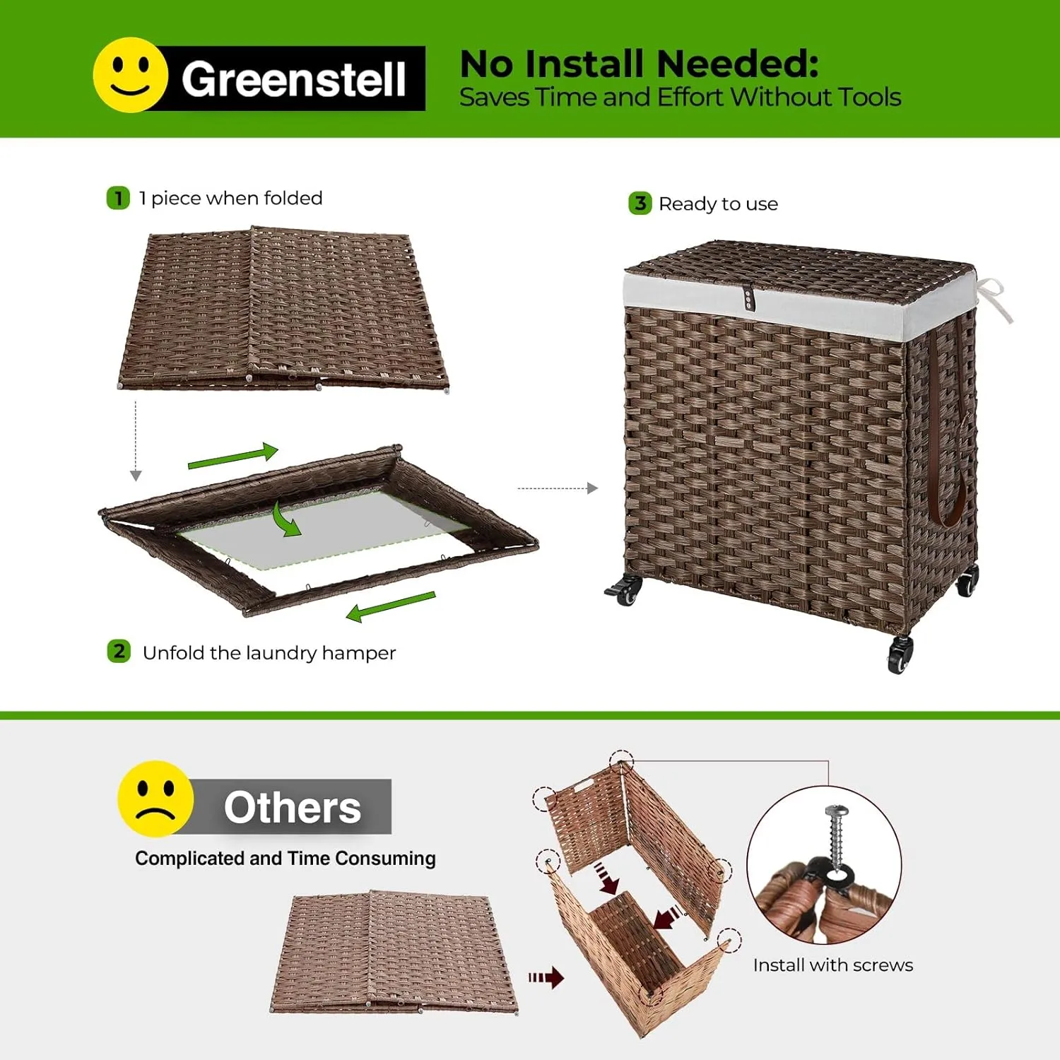 Greenstell Laundry Hamper with Wheels, No Install Needed, 110L Divided Handwoven Hampers & 2 Removable Liner Bags, Rattan Clothes Laundry Basket with Lid & Handles, Foldable Hampers Brown 22x13x26.4In