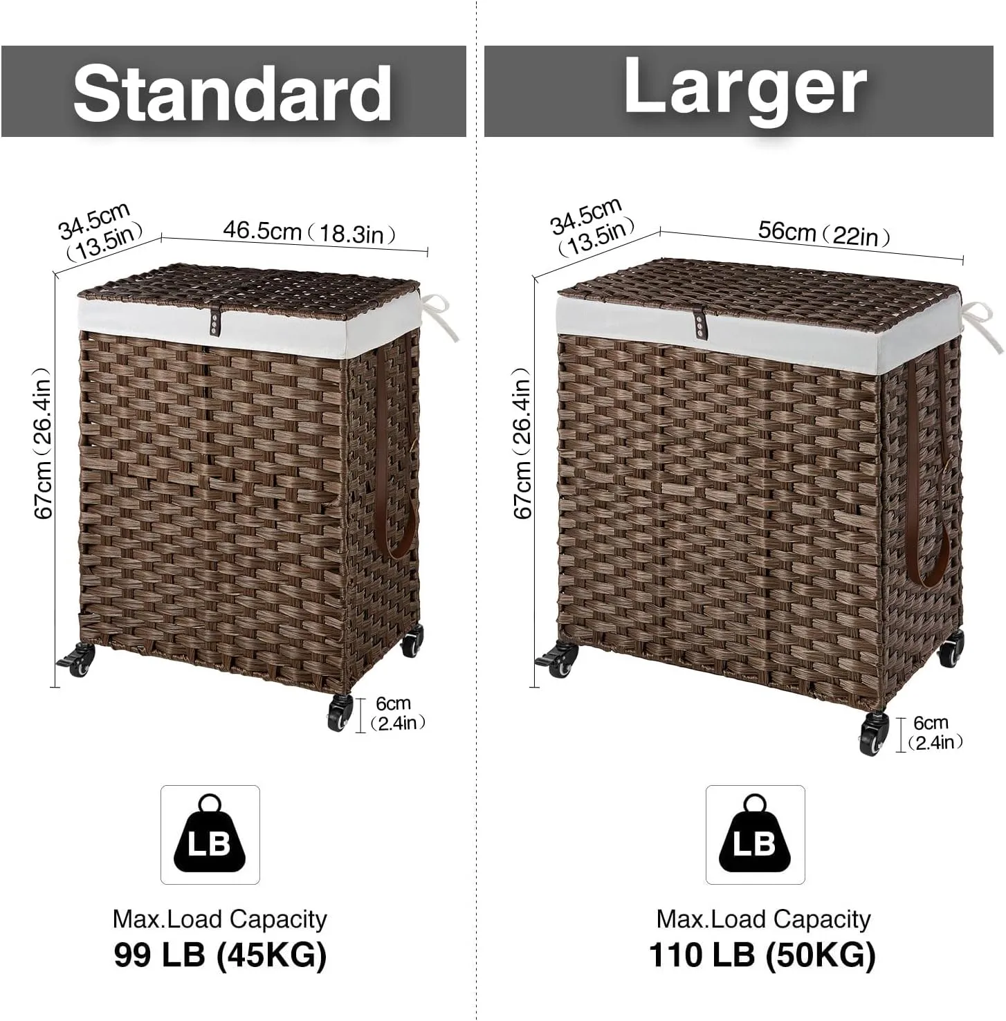 Greenstell Laundry Hamper with Wheels, No Install Needed, 110L Divided Handwoven Hampers & 2 Removable Liner Bags, Rattan Clothes Laundry Basket with Lid & Handles, Foldable Hampers Brown 22x13x26.4In