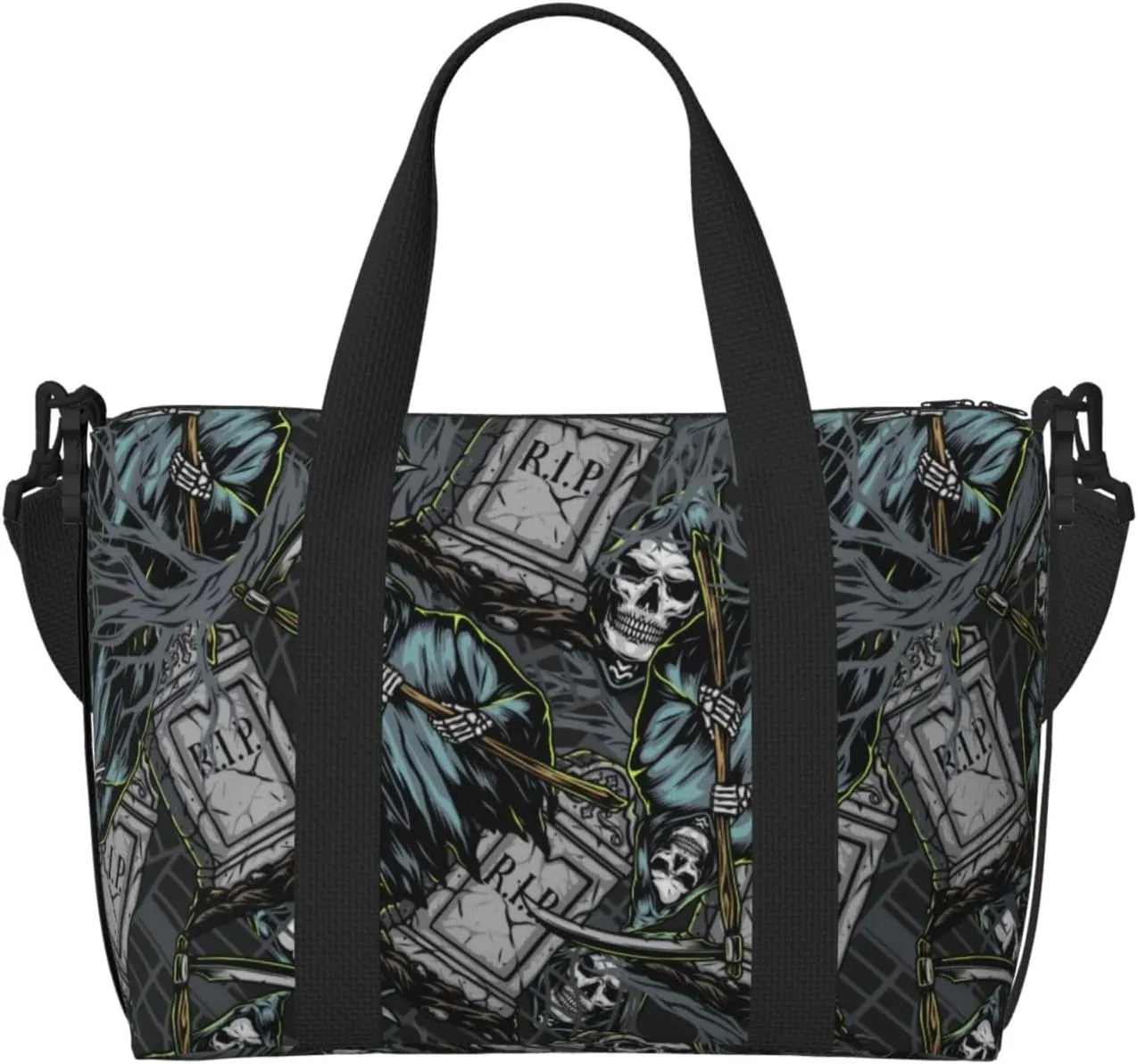 Grim Reaper Tombstones Pattern Large Laptop Tote Travel Work Bag For Women Men Gym Beach Bag For Women Crossbody Carry On Shoulder Bag With Compartments Zipper,Overnight Weekender Bags