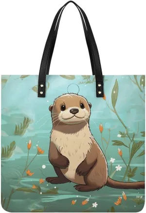 Grocery Bags Cartoon Cute Otter Bag for Women Lightweight Beach Bag Shoulder Bags for Travel Shopping Work Handbag