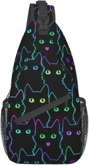 GTEVUTS Psychedelic Black Cat Crossbody Bags Sling Bag for for Women Men, Cute Fashion Chest Bag Casual Small Shoulder Bags Travel Hiking Cycling Gym Sport Lightweight Daypack Adult Backpack