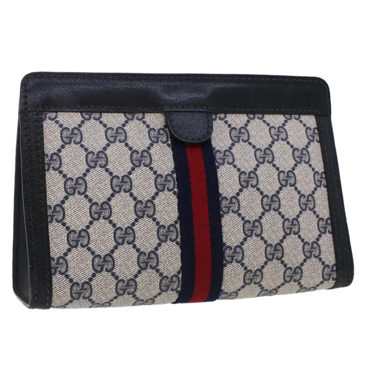 GUCCI GG Canvas Sherry Line Clutch Bag Gray Red Navy 64.014.2125.23  44752