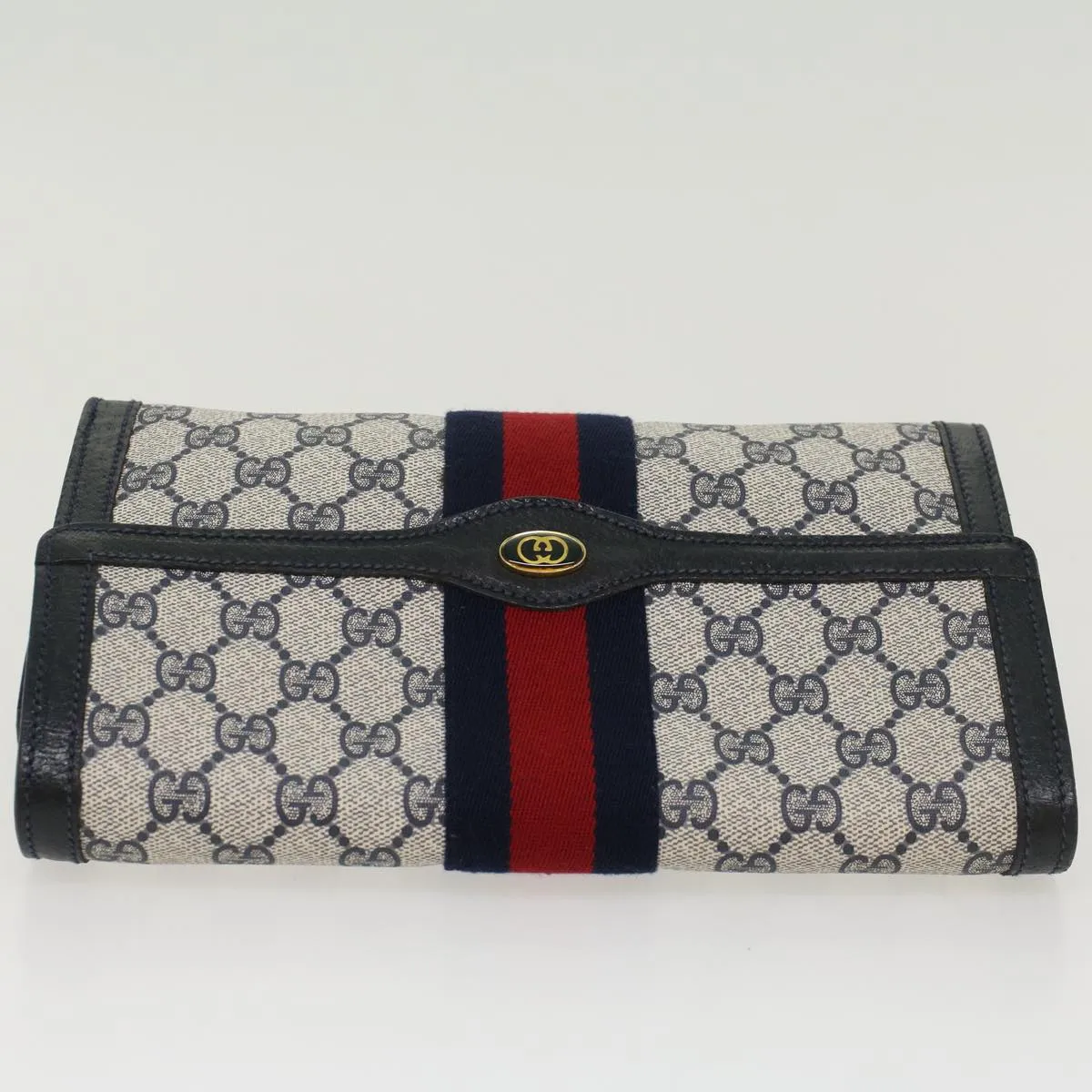 GUCCI GG Canvas Sherry Line Clutch Bag Gray Red Navy 8901006  44806