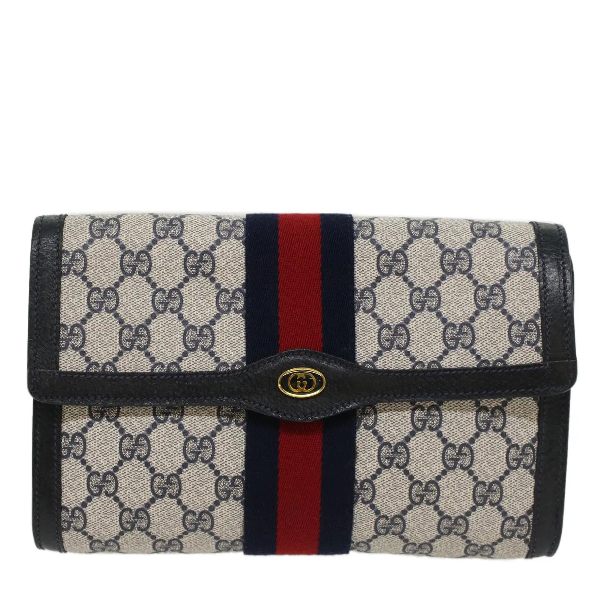 GUCCI GG Canvas Sherry Line Clutch Bag Gray Red Navy 8901006  44806