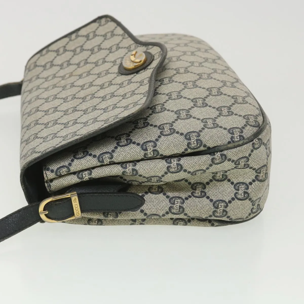 GUCCI GG Plus Canvas Shoulder Bag PVC Leather Gray Navy  th3486