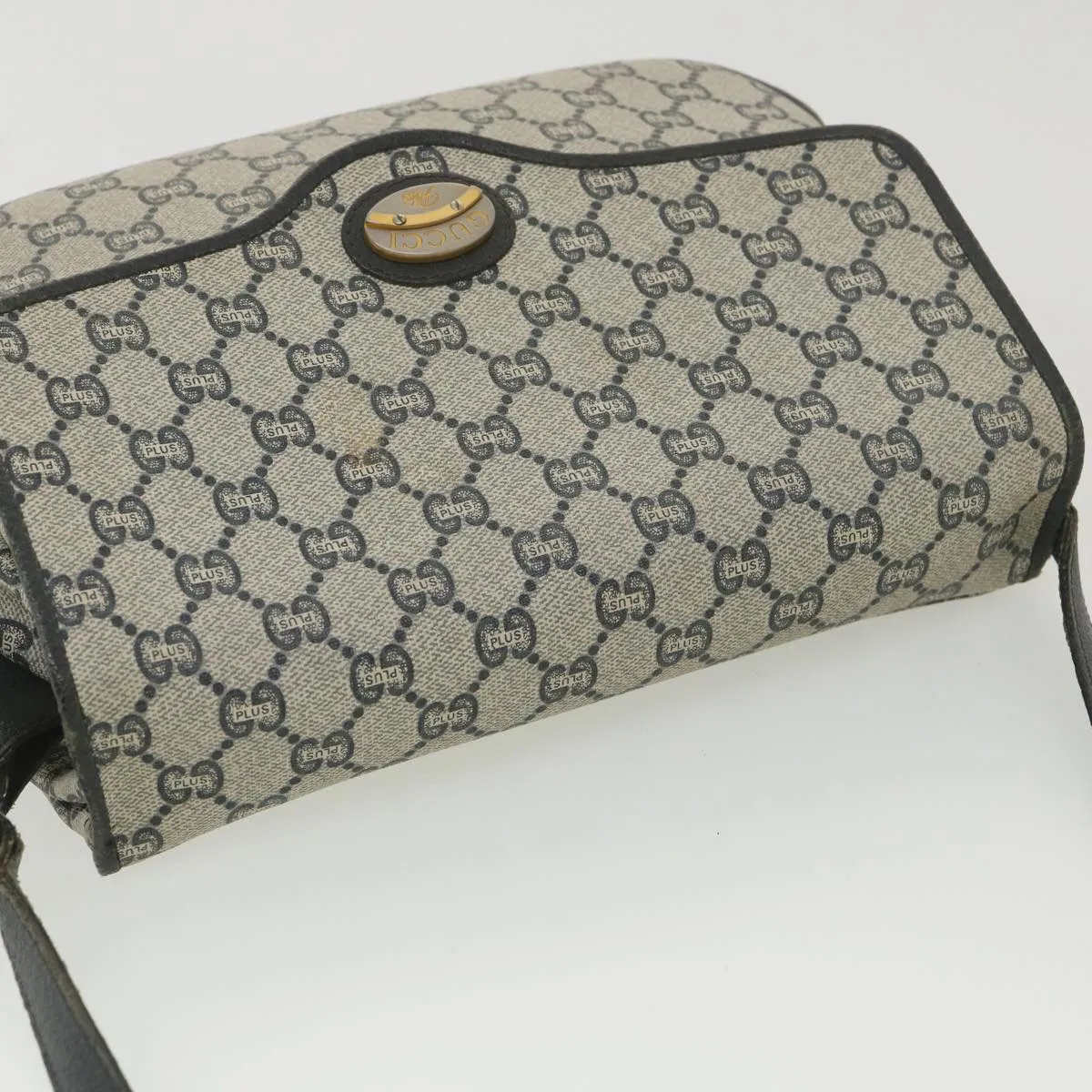 GUCCI GG Plus Canvas Shoulder Bag PVC Leather Gray Navy  th3486