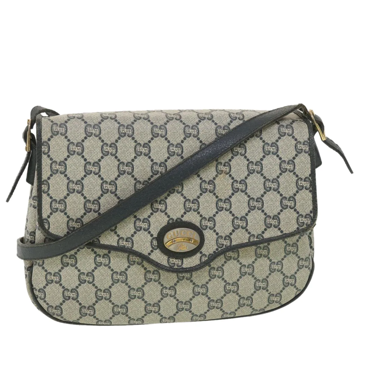 GUCCI GG Plus Canvas Shoulder Bag PVC Leather Gray Navy  th3486