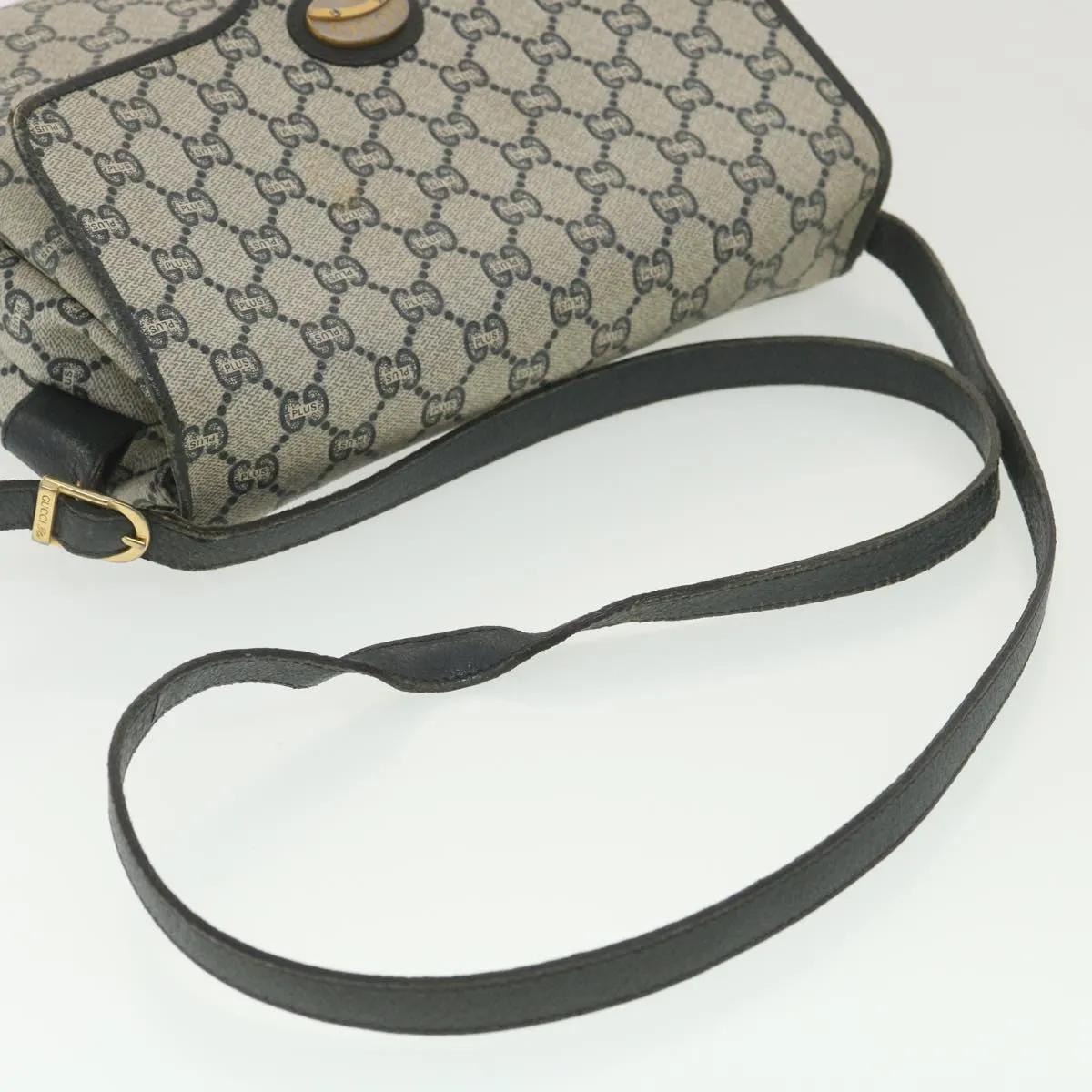 GUCCI GG Plus Canvas Shoulder Bag PVC Leather Gray Navy  th3486