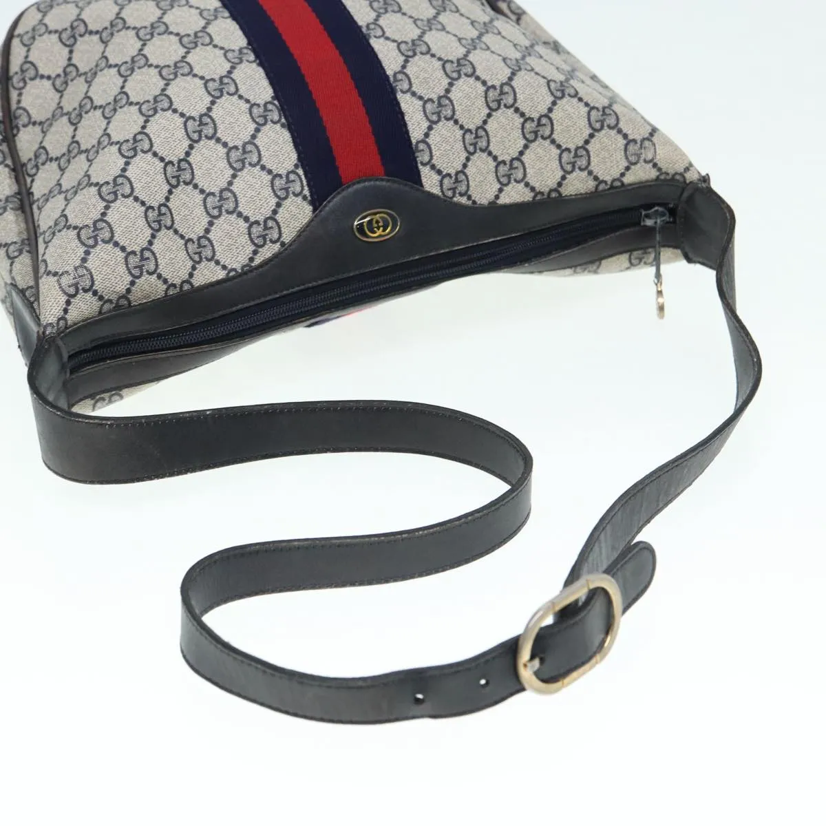 GUCCI GG Supreme Web Sherry Line Shoulder Bag PVC Leather Navy Auth yk14395