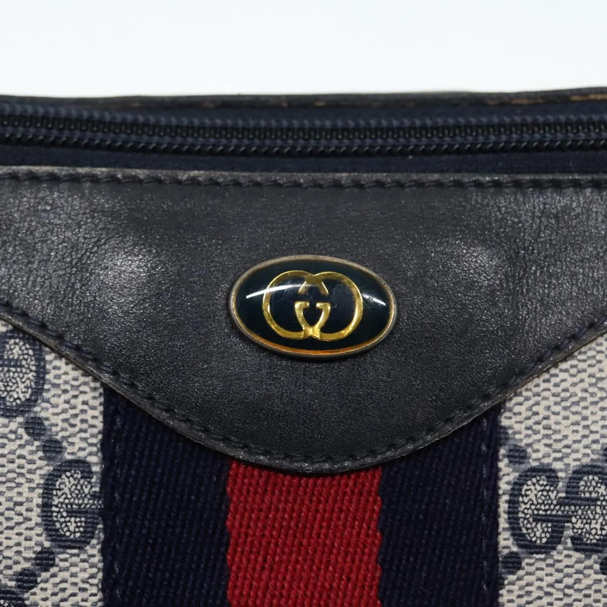 GUCCI GG Supreme Web Sherry Line Shoulder Bag PVC Leather Navy Auth yk14395