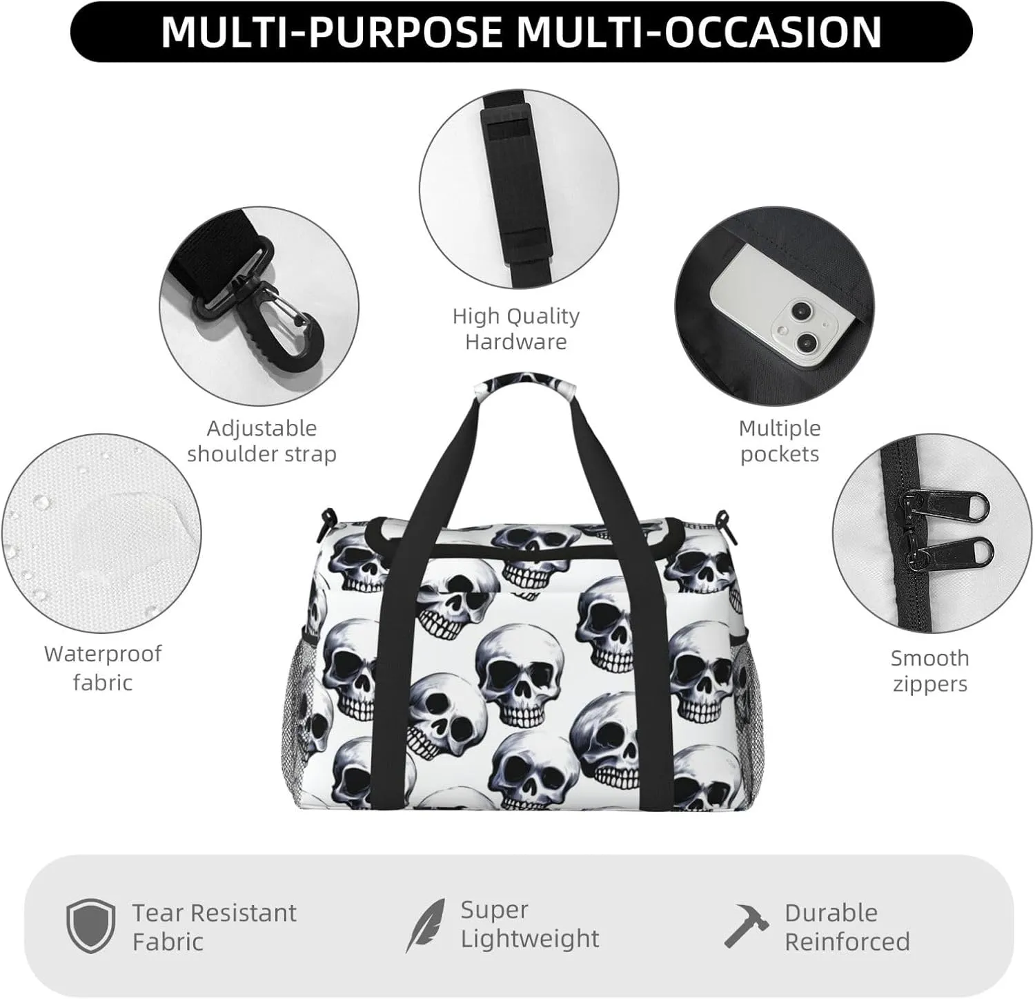 Gym Bag Black skull pattern on white background Duffel Bag for Men Women Travel Overnight Bag with Shoe Compartment Workout Bags