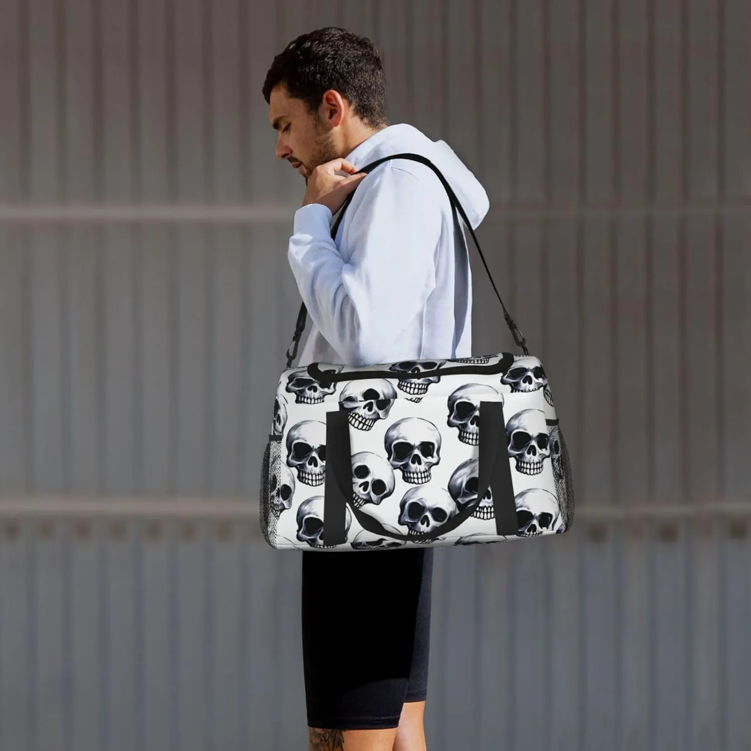 Gym Bag Black skull pattern on white background Duffel Bag for Men Women Travel Overnight Bag with Shoe Compartment Workout Bags