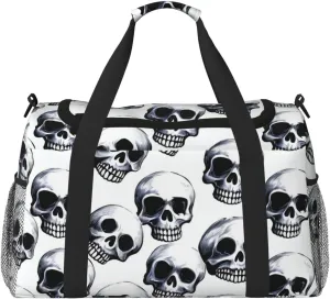 Gym Bag Black skull pattern on white background Duffel Bag for Men Women Travel Overnight Bag with Shoe Compartment Workout Bags
