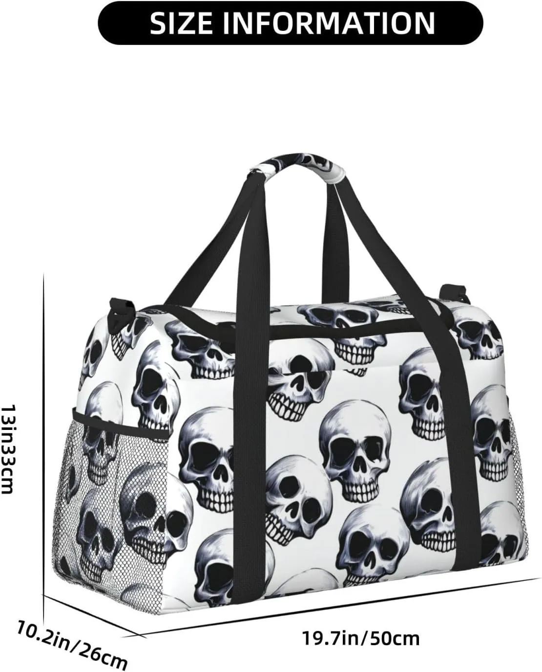 Gym Bag Black skull pattern on white background Duffel Bag for Men Women Travel Overnight Bag with Shoe Compartment Workout Bags