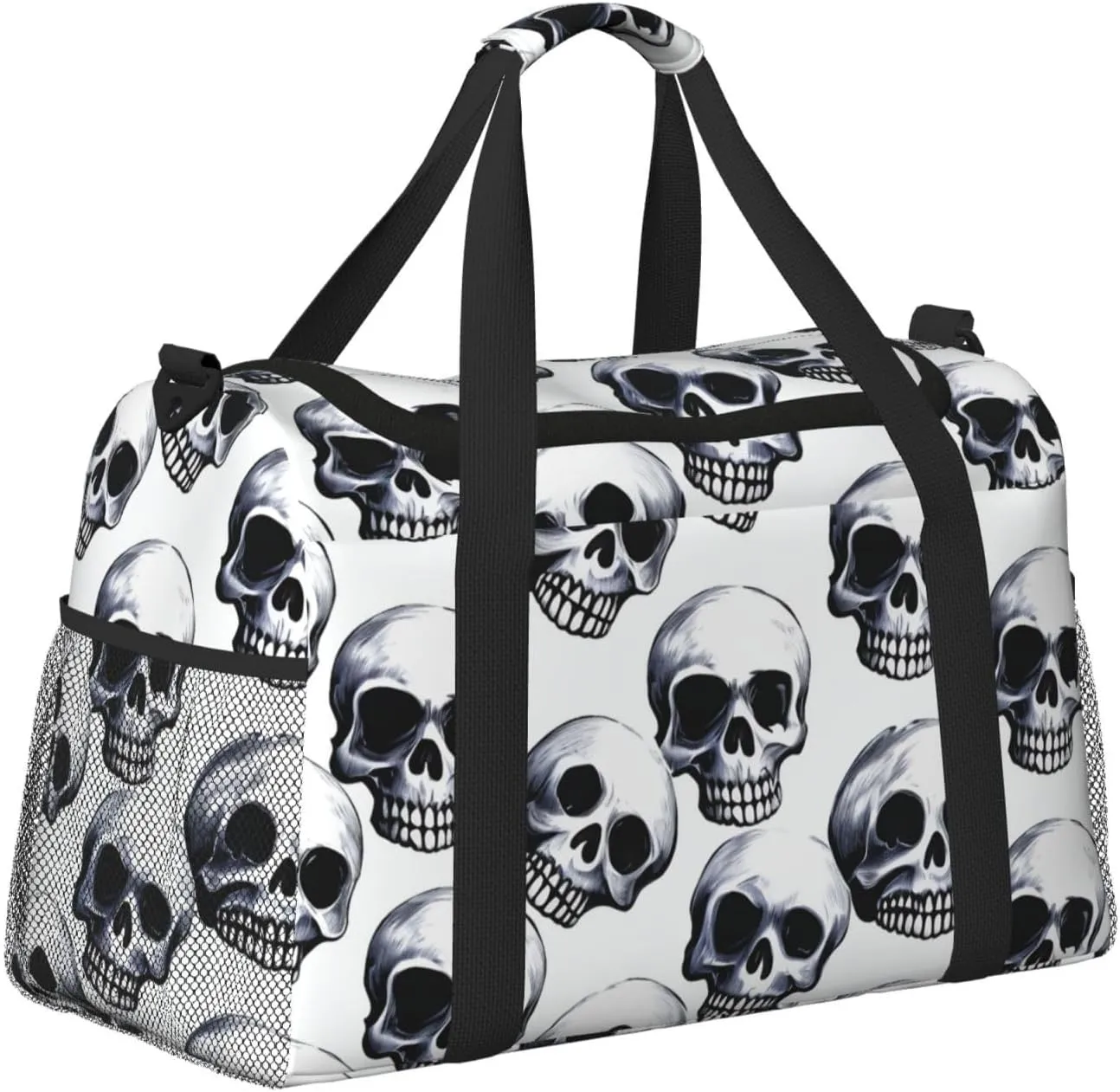 Gym Bag Black skull pattern on white background Duffel Bag for Men Women Travel Overnight Bag with Shoe Compartment Workout Bags