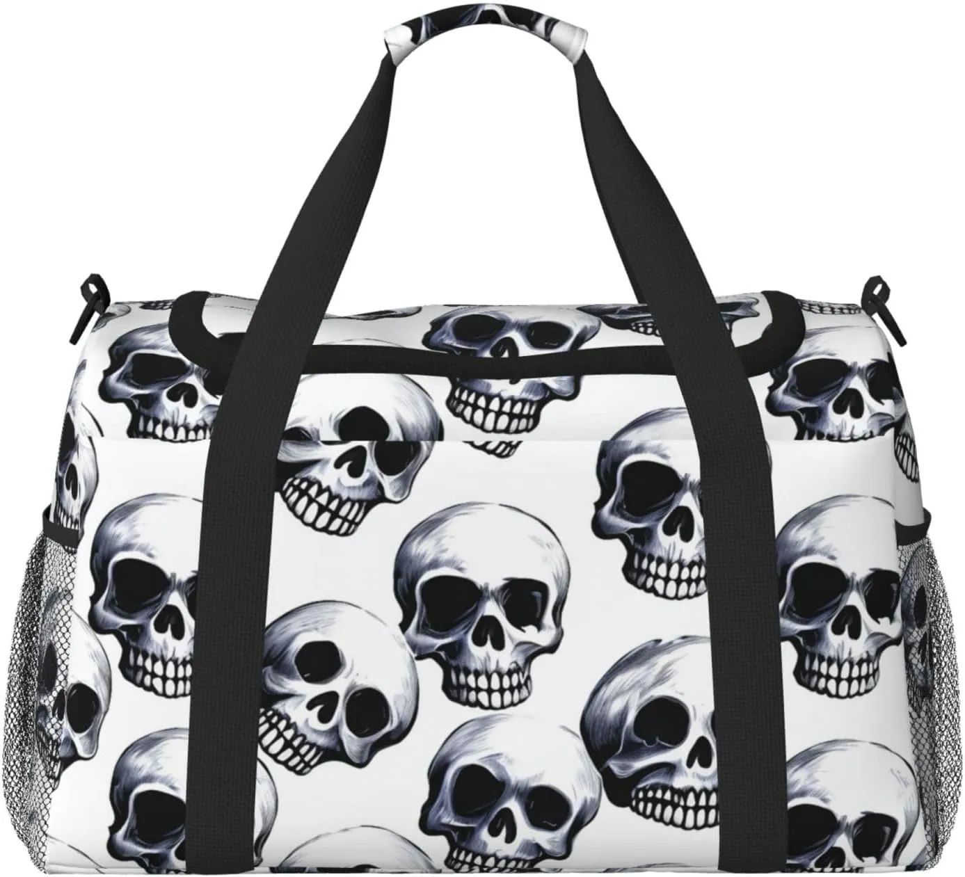 Gym Bag Black skull pattern on white background Duffel Bag for Men Women Travel Overnight Bag with Shoe Compartment Workout Bags