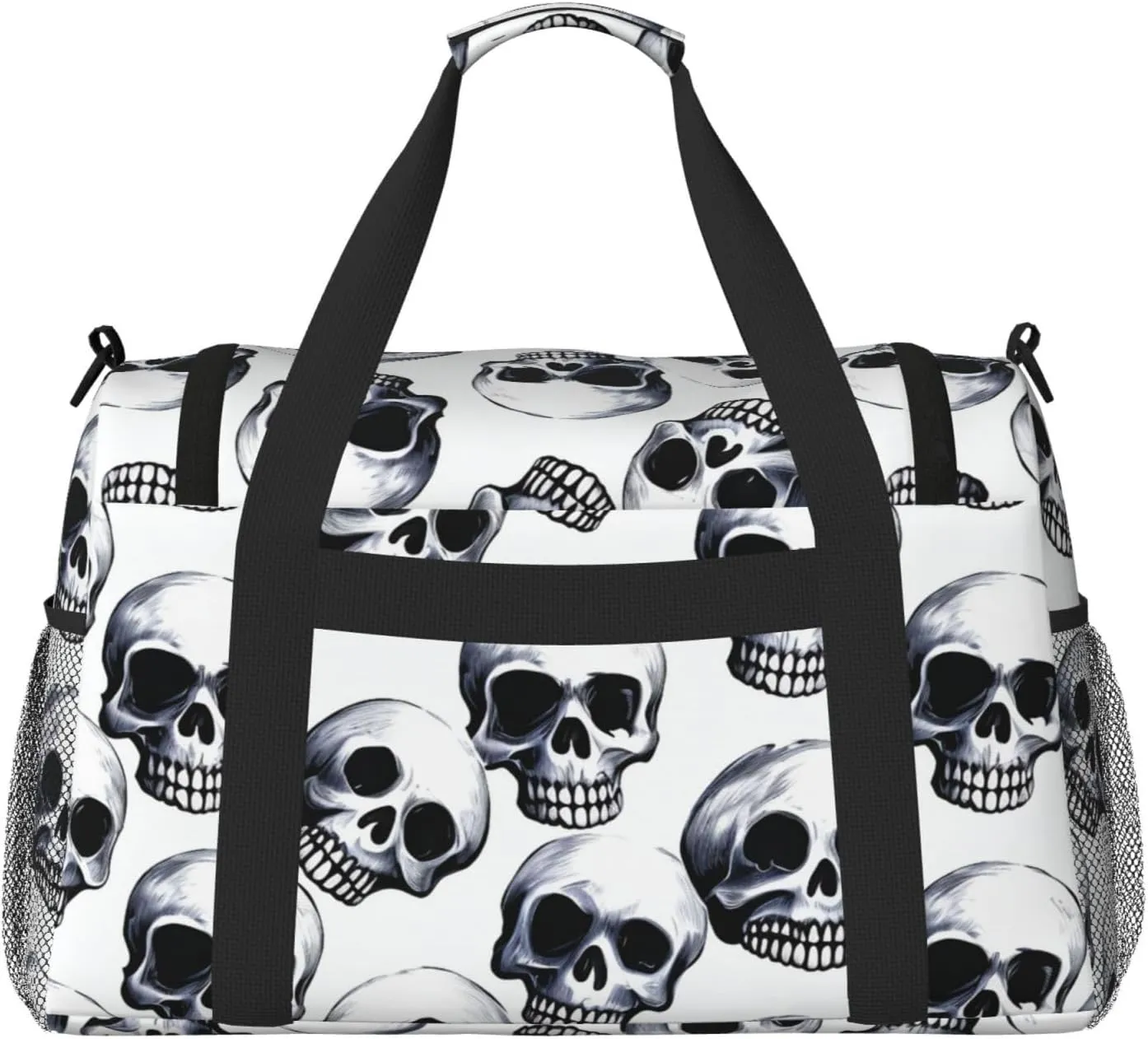 Gym Bag Black skull pattern on white background Duffel Bag for Men Women Travel Overnight Bag with Shoe Compartment Workout Bags