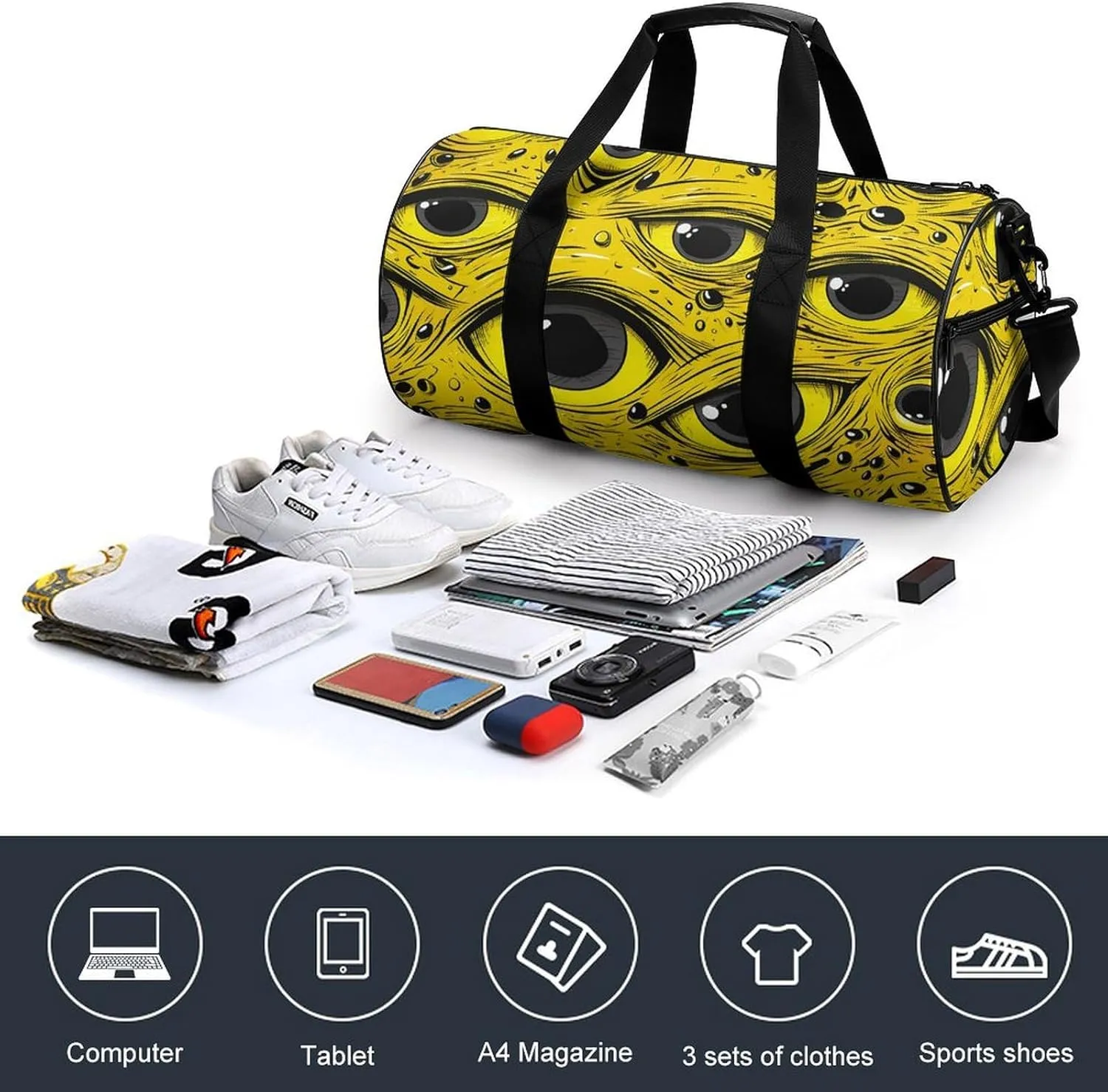 Gym Bag Cartoon Eyes Pattern Duffel Bag for Men Women Overnight Bag with Shoe Compartment Workout Bags