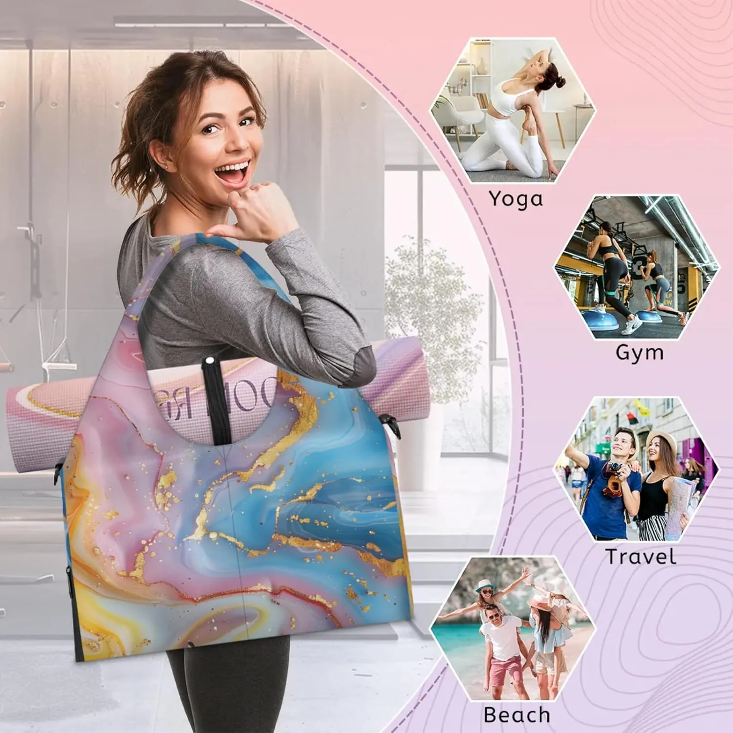 Gym Bag for Women Attractive Marble Pattern Duffel Bag with Shoe Compartment and Yoga Mat Holder Portable Weekender Bags Travel Tote Bags