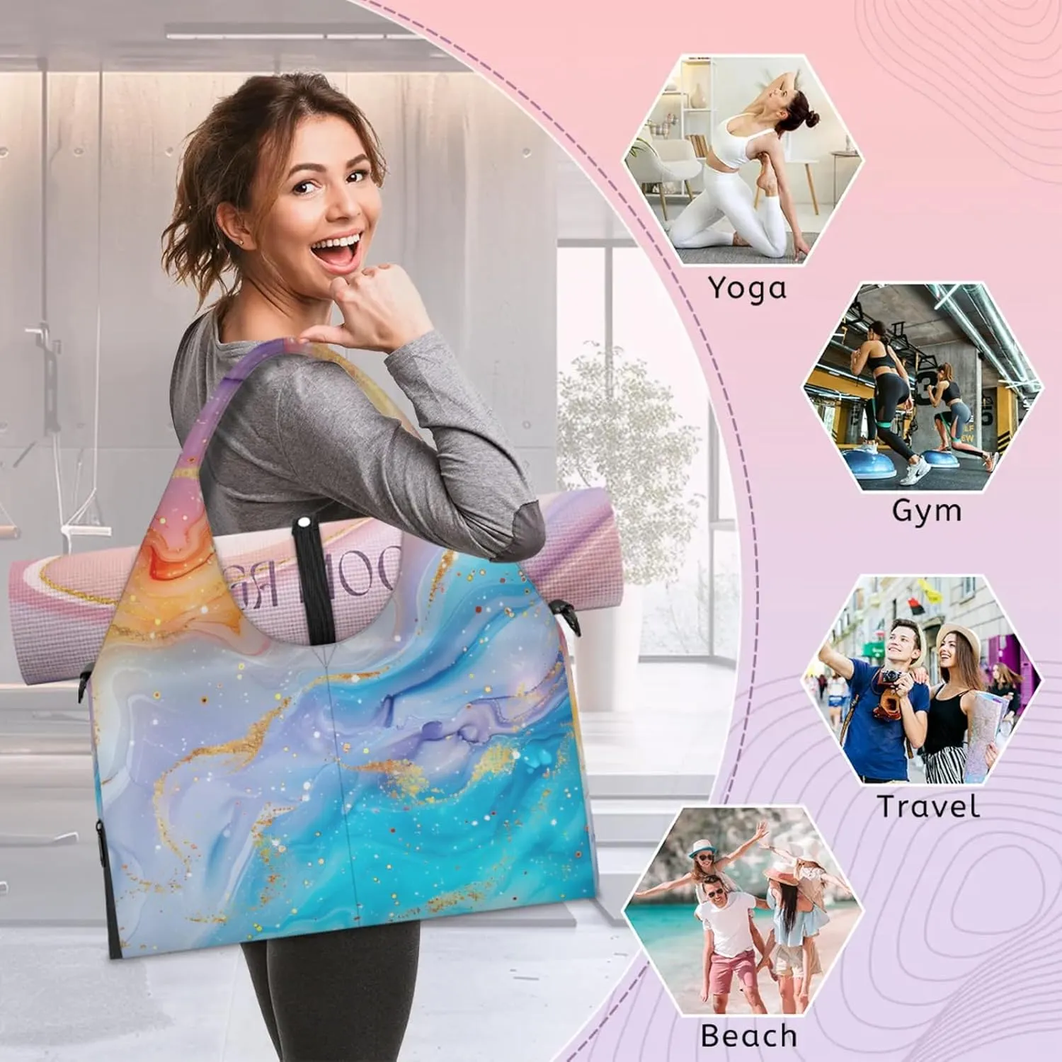 Gym Bag for Women Colorful Marble Pattern Duffel Bag with Shoe Compartment and Yoga Mat Holder Portable Weekender Bags Travel Tote Bags