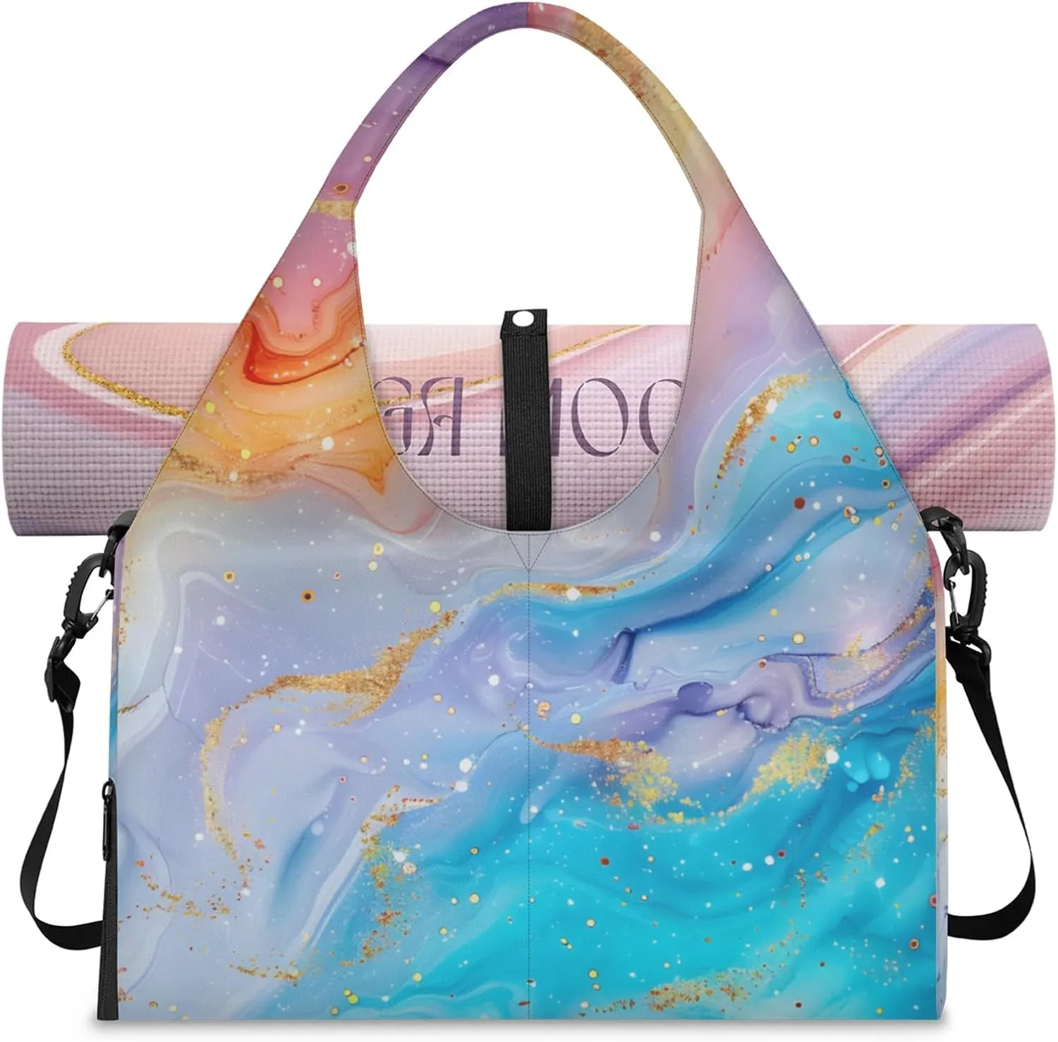 Gym Bag for Women Colorful Marble Pattern Duffel Bag with Shoe Compartment and Yoga Mat Holder Portable Weekender Bags Travel Tote Bags