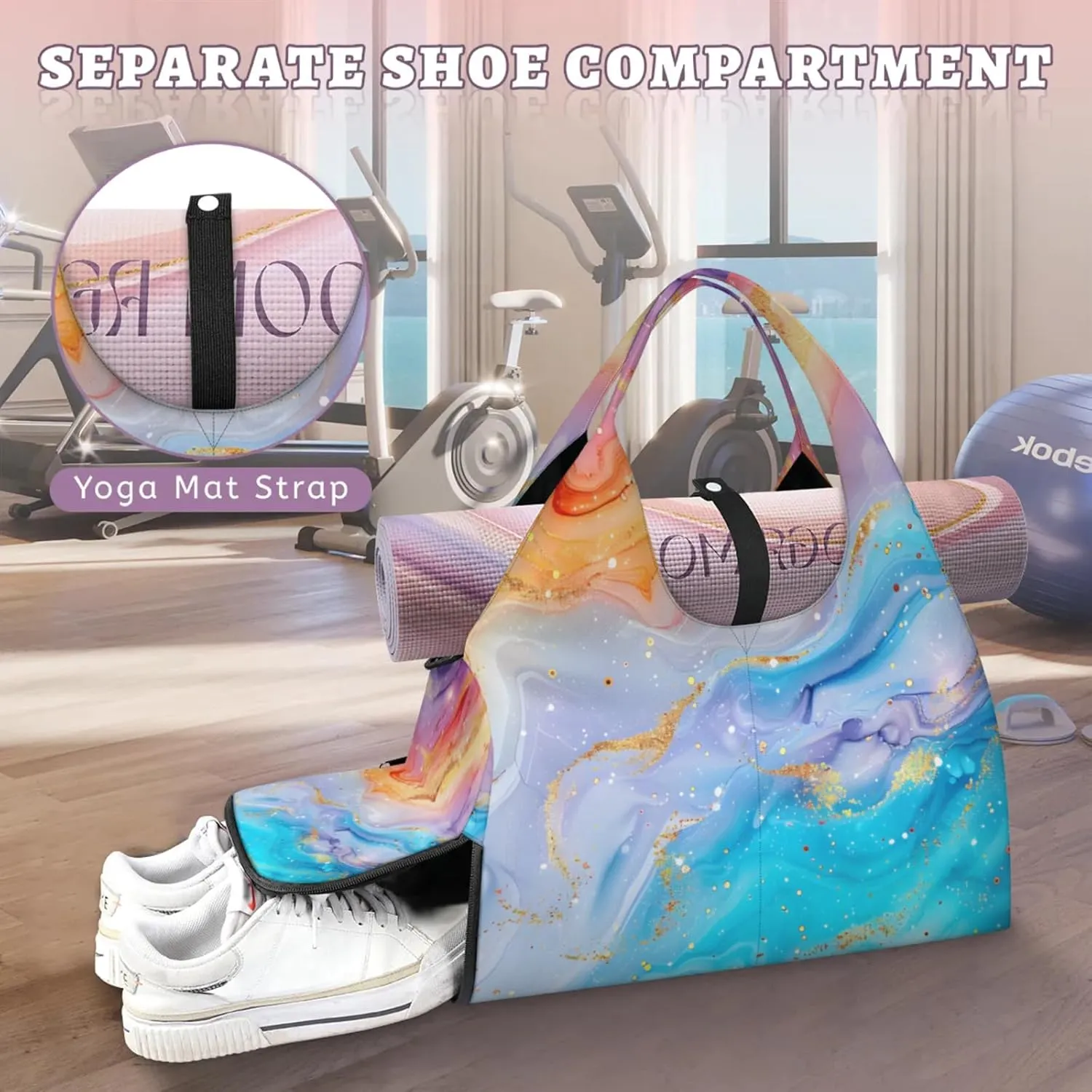 Gym Bag for Women Colorful Marble Pattern Duffel Bag with Shoe Compartment and Yoga Mat Holder Portable Weekender Bags Travel Tote Bags