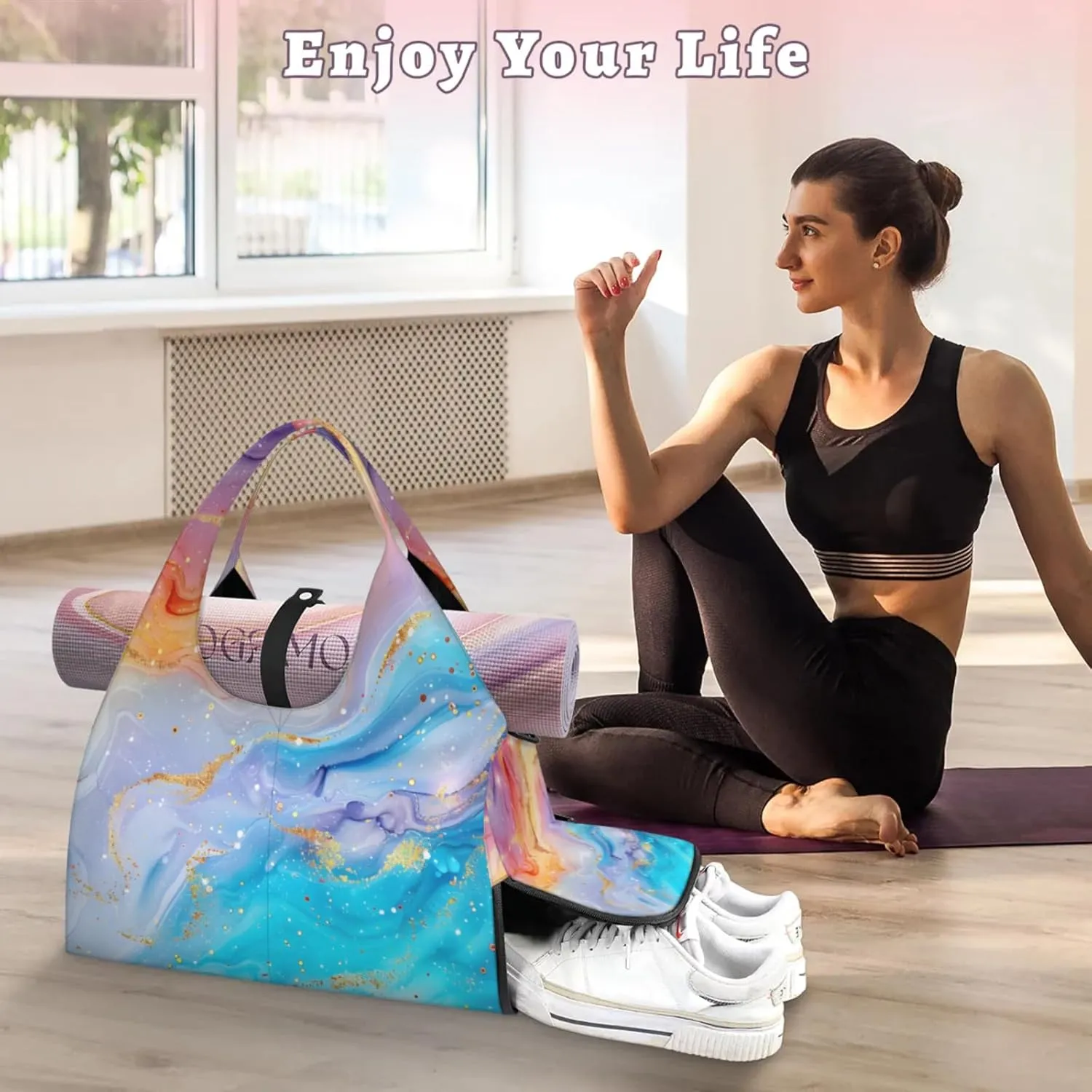 Gym Bag for Women Colorful Marble Pattern Duffel Bag with Shoe Compartment and Yoga Mat Holder Portable Weekender Bags Travel Tote Bags
