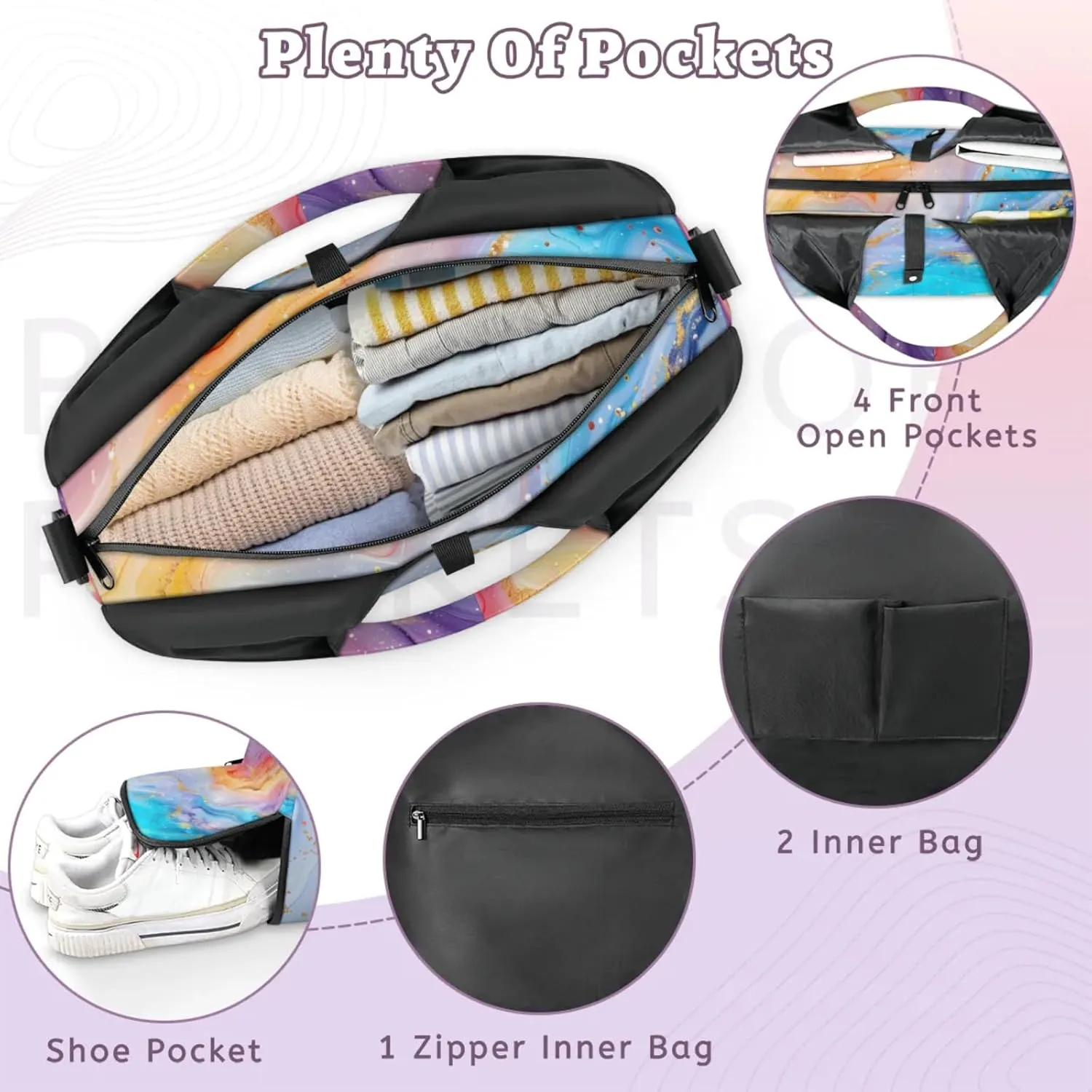 Gym Bag for Women Colorful Marble Pattern Duffel Bag with Shoe Compartment and Yoga Mat Holder Portable Weekender Bags Travel Tote Bags